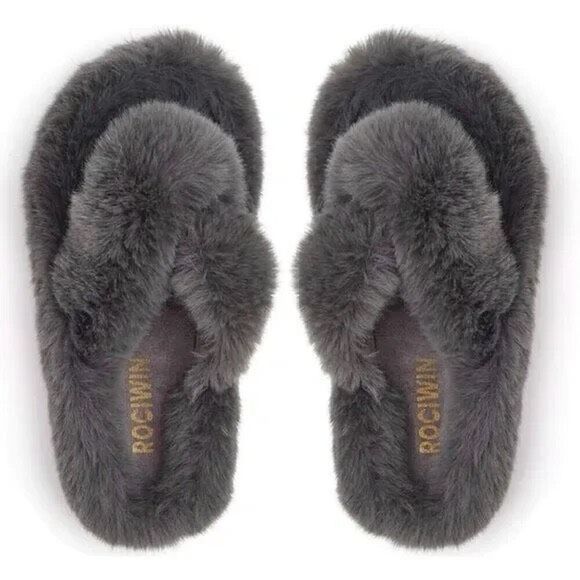 Women Cross Band Slippers Soft Plush Furry Cozy Open Toe Shoes Slip On, 11-12 - Picture 3 of 8